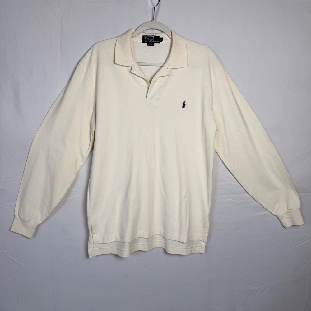 Polo Ralph Lauren Mens Long Sleeve Polo Shirt Cream Off White Cotton Pique logo